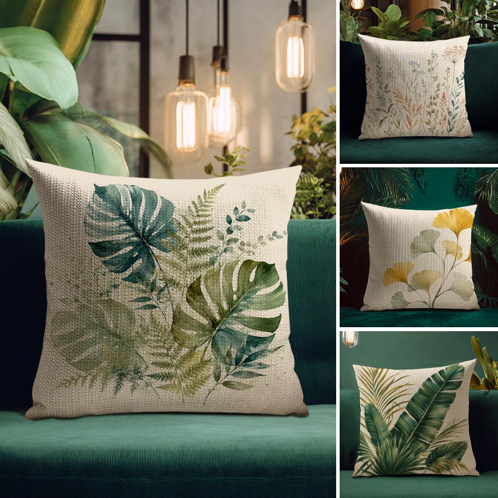 Watercolor Neutral Botanical Leaves Cushion Cover Natural Linen Throw Pillow Cover Wrinkle-Resistant Soft Machine Washable