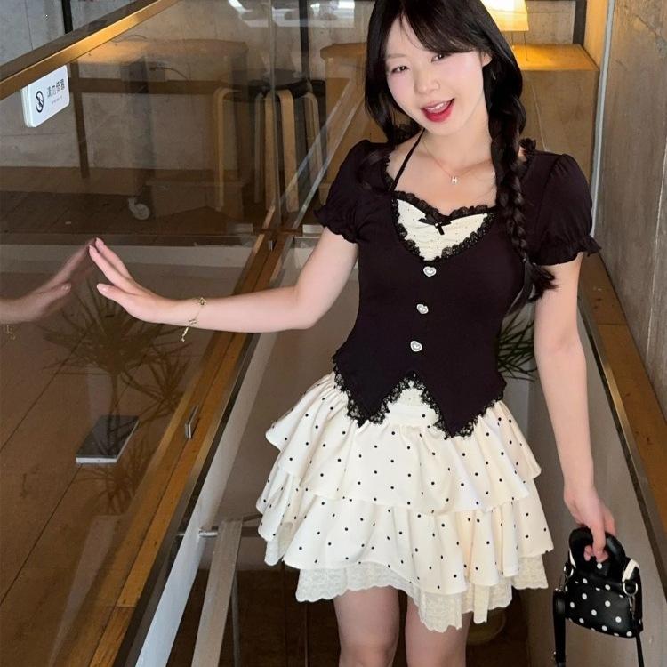Sweet and Fashionable Fake Two-piece Top Waist Skirt Two-piece Set Summer Japanese Soft Sister Shirt Tutu Skirt Set Women