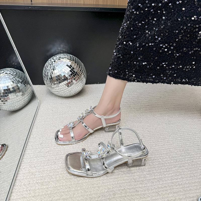 2025 new models, fashionable and sexy versatile Roman style rhinestone thick heel sandals square head thin heel women's shoes