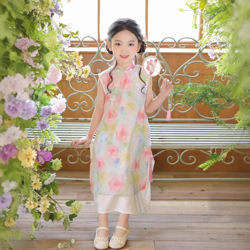 Girls' Stylish Summer Qipao Dress - 2026 New Chinese Style Princess Dress