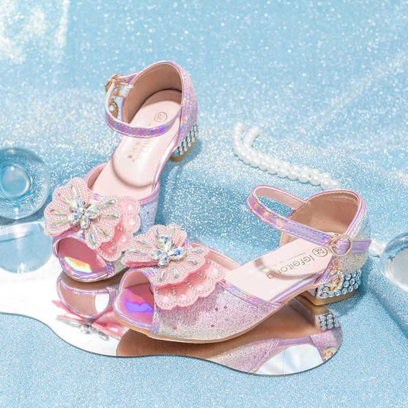

Детские туфли на высоком каблуке для девочек, туфли принцессы Эльзы, сандалии для выступлений для девочек, детская мода, хрустальные туфли 38 розовый