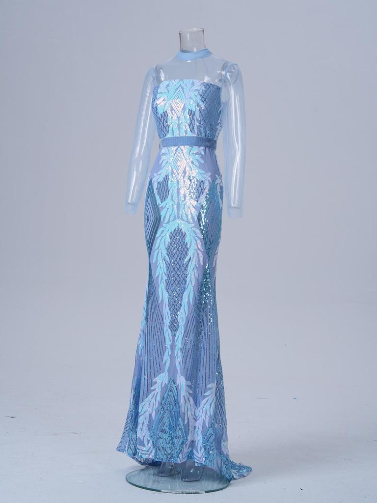 European & American High-End Sequin Mesh Long Evening Dress – Women's Sexy, Elegant, Round Neck, Long-Sleeved Design