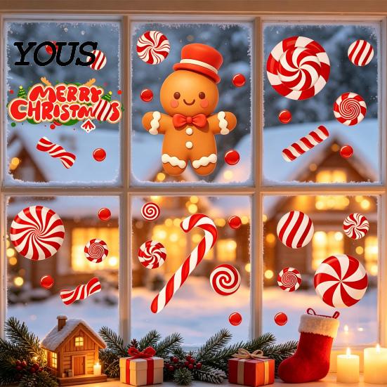Holiday Candy Pattern Decorations Christmas Static Window Clings for Glass, Decorations, Gingerbread Man Decorative PVC Stickers Windows Cane