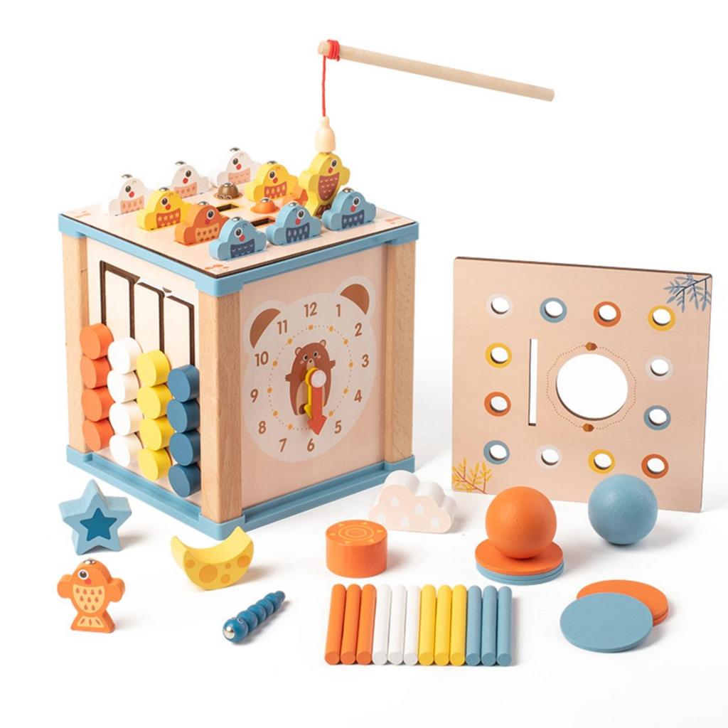 Wooden Activity Cube with Shape Sorter FineMotor Educational Center Early Learning