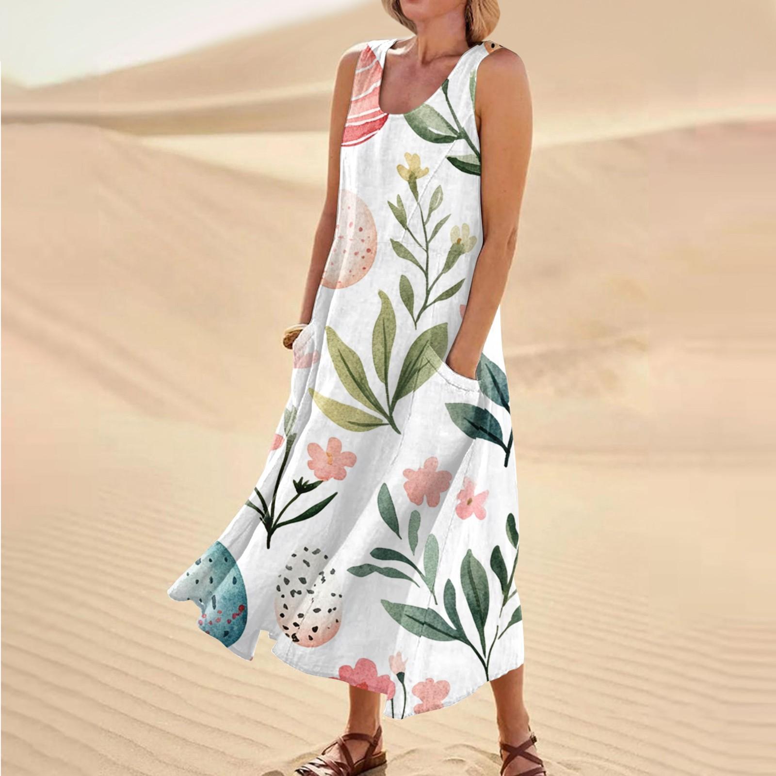 Women s Summer Casual Fashion Easter Printed Sleeveless Round Neck Pocket Dress L