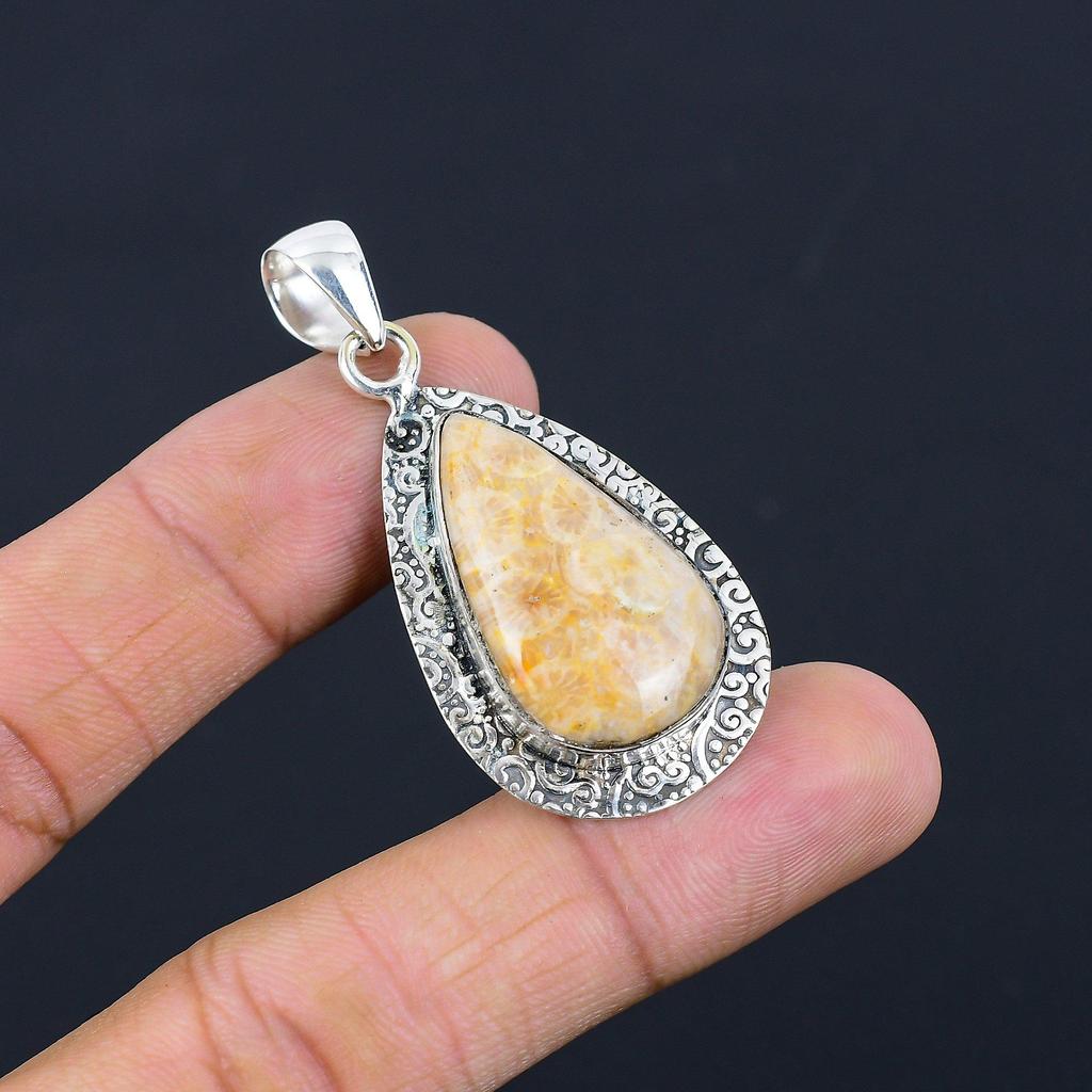 Sisters Day Sale Pear Fossil Coral Stone Birthday New Pendant Jewelry 925 Silver