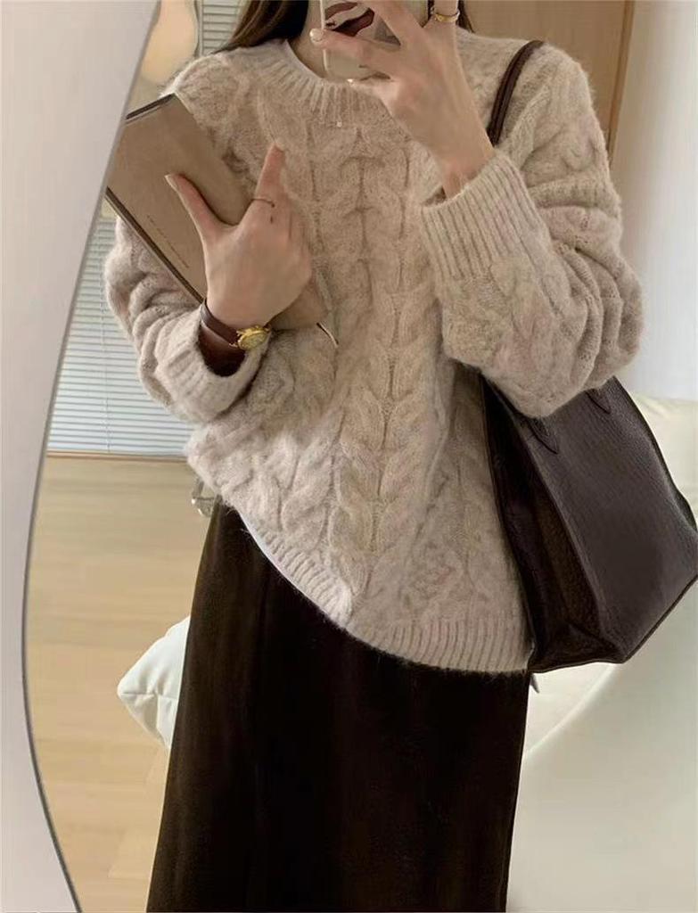 Women's 2024 Pink Cable Knit Pullover Sweater - Soft, Cozy Korean Style for Autumn/Winter, Loose Fit
