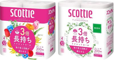 Scotty Flower Pack 3x Longer Lasting Toilet 4 75m Trial Set Paper, Rolls, Double, [Flower Scent] + [Unscented], 2-Pack