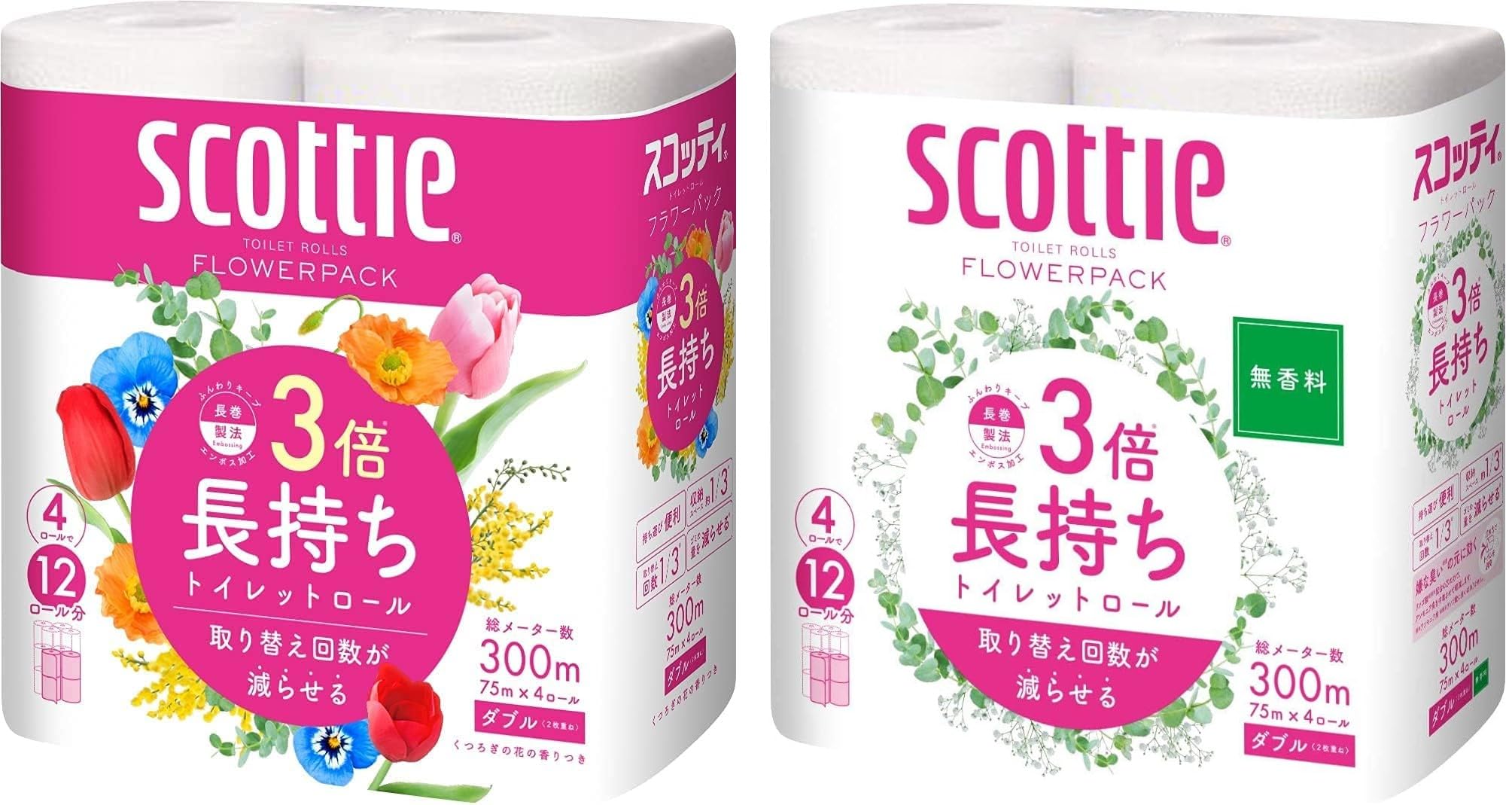 Scotty Flower Pack 3x Longer Lasting Toilet 4 75m Trial Set Paper, Rolls, Double, [Flower Scent] + [Unscented], 2-Pack