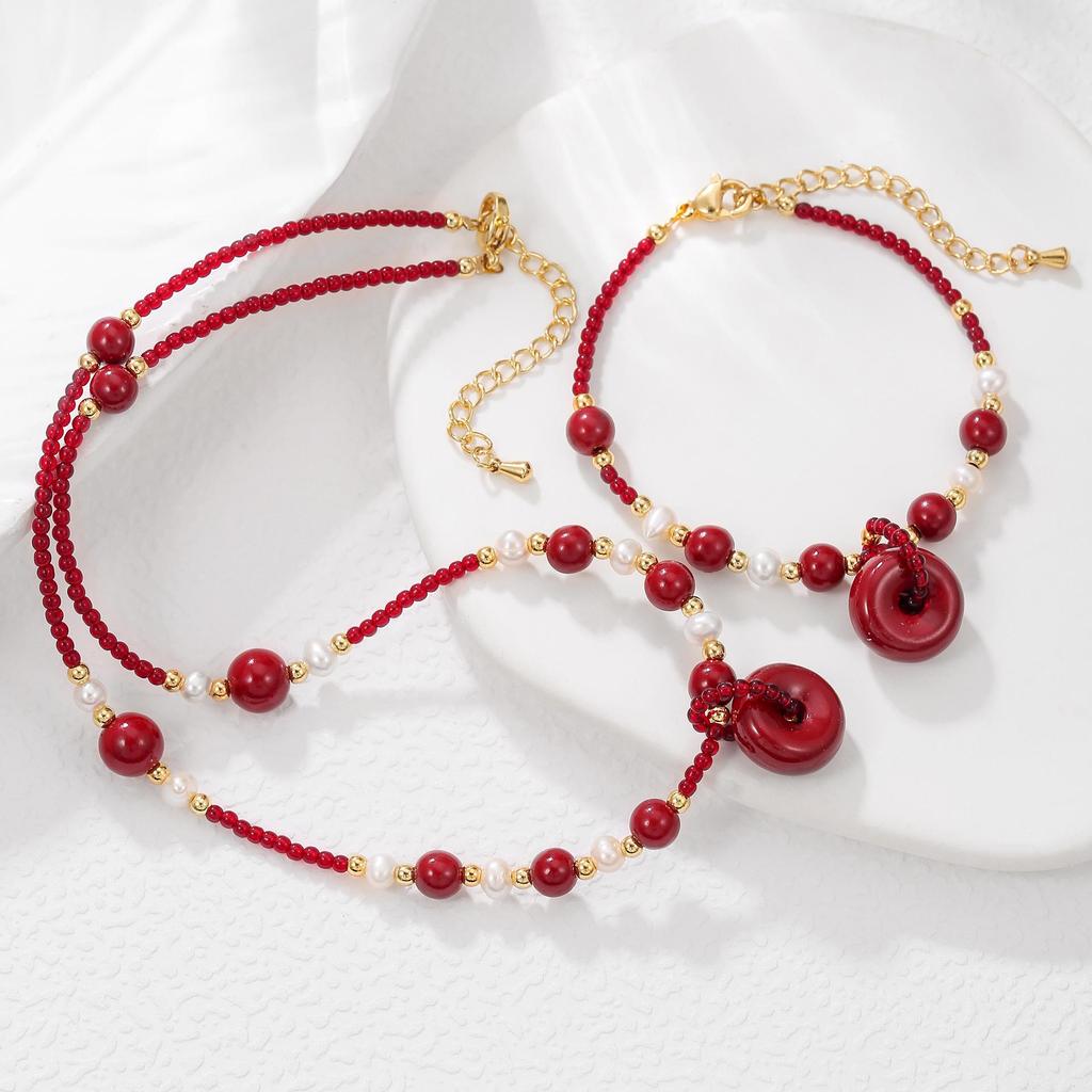 New Chinese Style Natural Stone & Freshwater Pearl Bracelet with Cinnabar Peace Buckle and Red Rope.