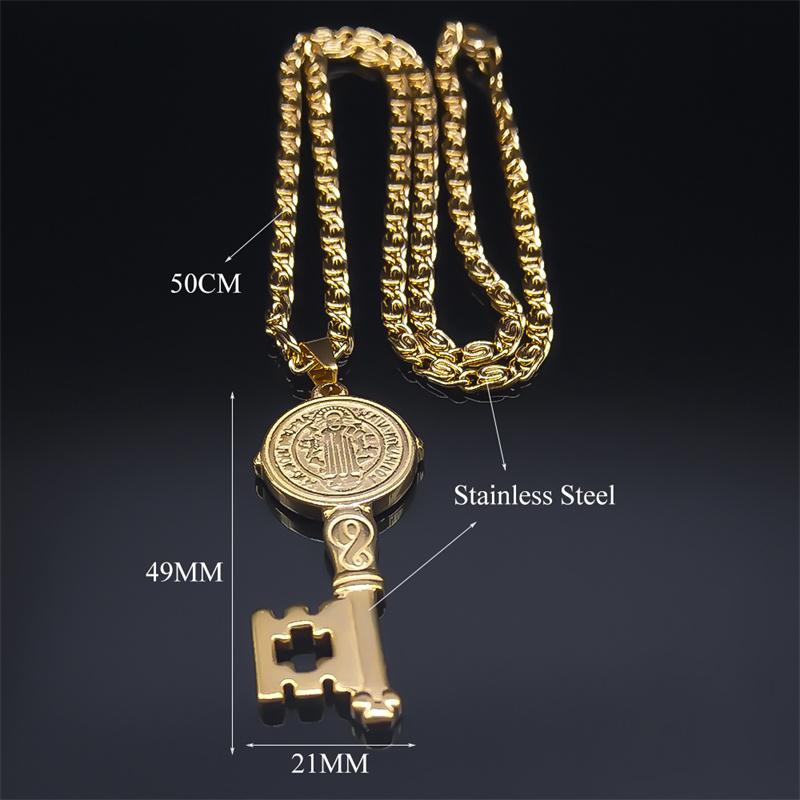 Catholicism Saint Benedict Key of Life Pendant Necklace for Women Men Stainless Steel Hip Hop San Benito Medal Necklaces Jewelry