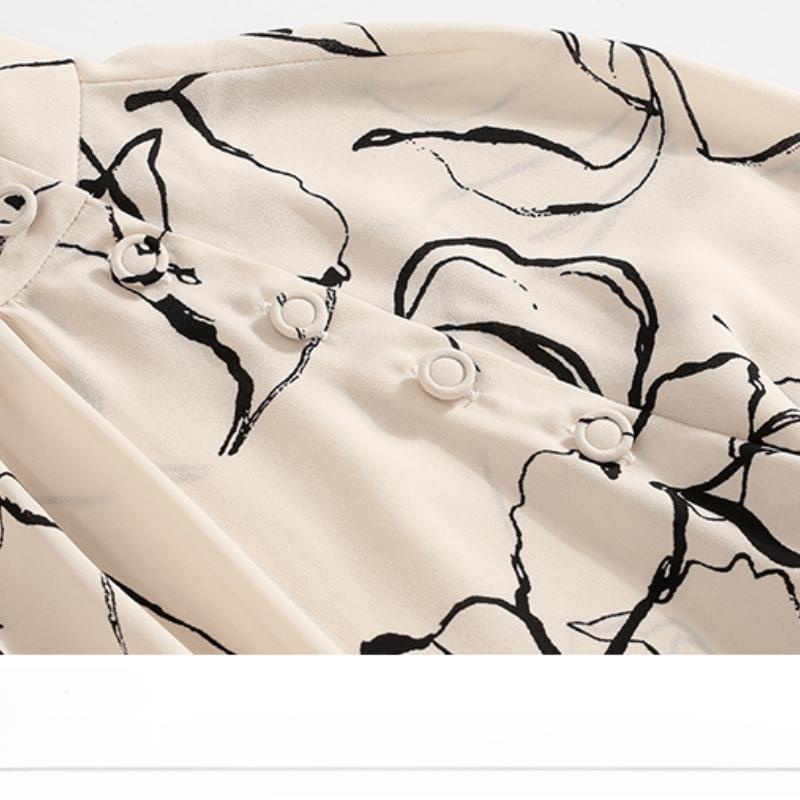 Moda Stand Slim Fit Chifón Casual Camisas de Mujer Tops de Primavera Manga Acampanada Blusa Temperamento Mujer Elegante Estampado Simple Oficina Señoras Camisas 26347