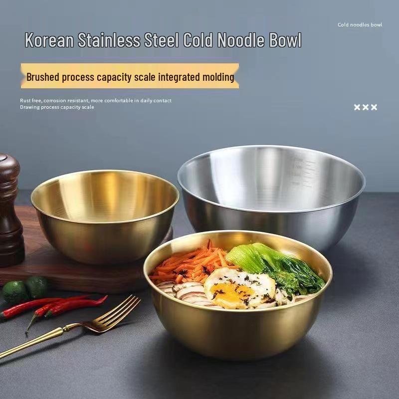 Nerezová víceúčelová sada misek v korejském stylu: Ovoce, Salát, Svačiny, Zelenina, Šlehač vajec, Ramen - Zlatá úprava.