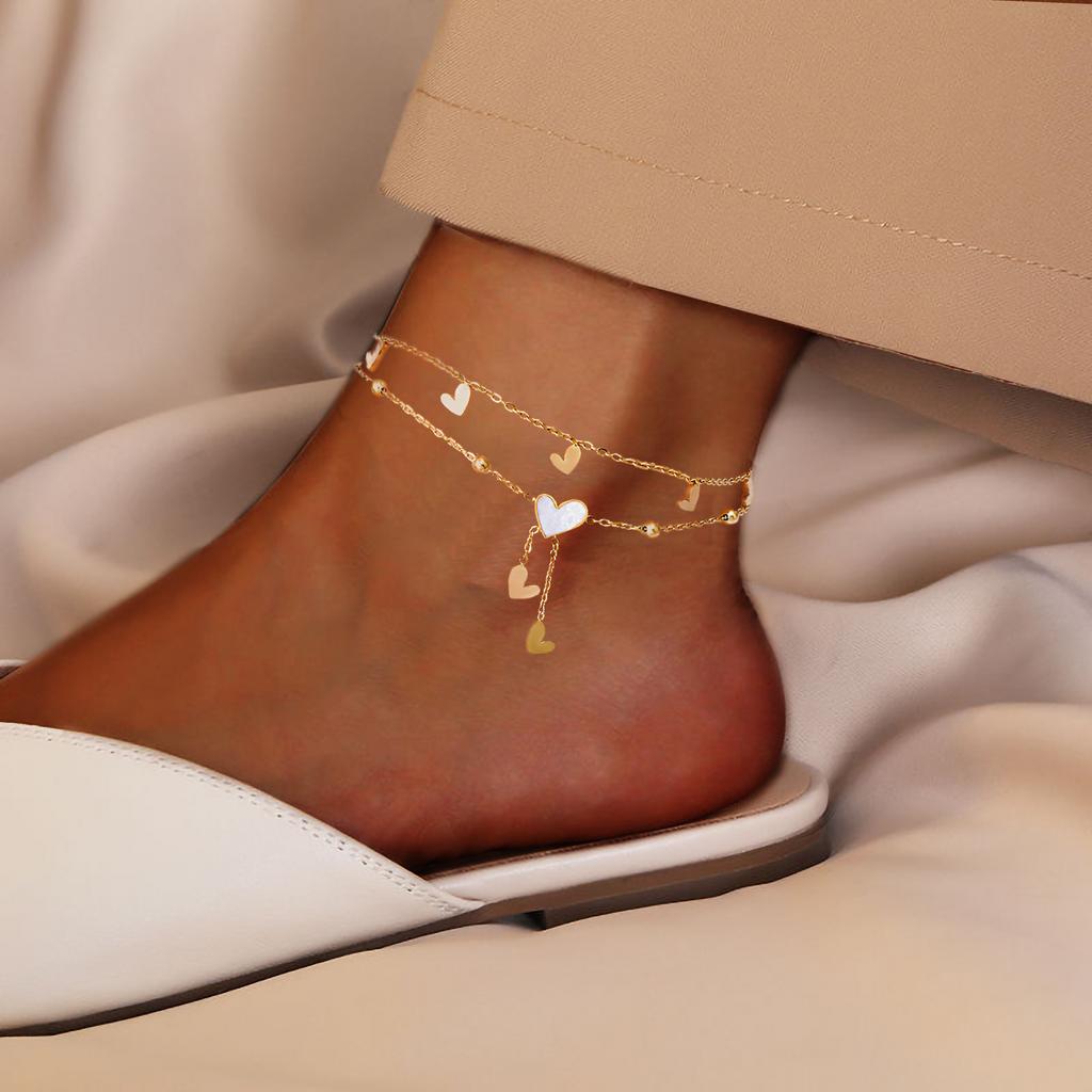 Heart shaped shell inlaid heart pendant layered stainless steel women's fashionable golden jewelry gift summer beach anklet