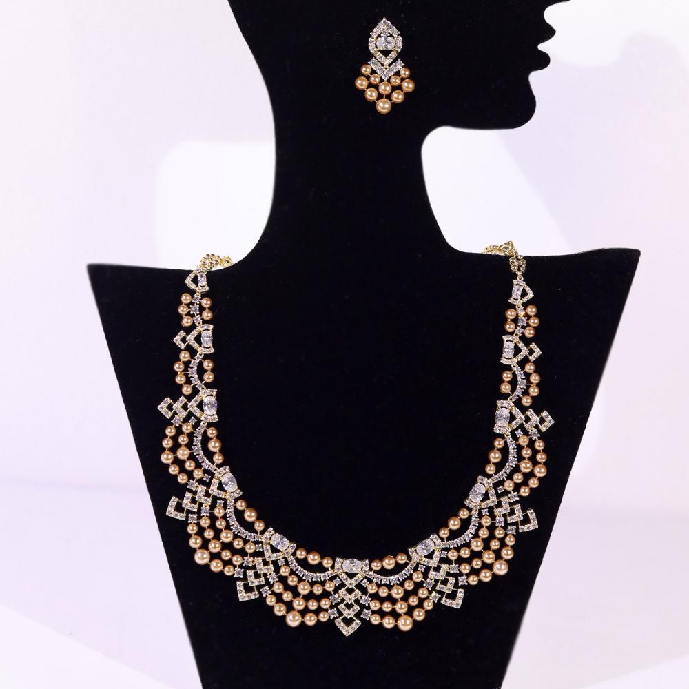 Luxury Crystal Zircon Circular Shape Golden Pearl Necklace Women Dubai Bridal Wedding Birthday Party Indian Jewelry Set Gift