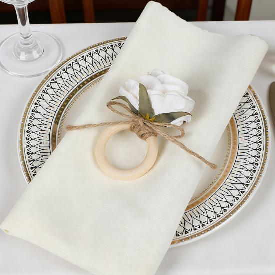 Artificial Rose Napkin Ring Farmhouse Rustic Jute Rope Fake Flower Dinner Napkin Holder Birthday Wedding Party Table Decoration