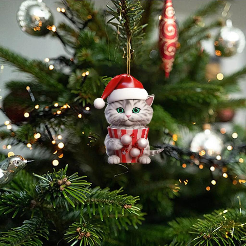 2D Acrylic Cat Christmas Tree Pendants, Cartoon Cute Hanging Ornaments for Home Party Decor New Year Gift 2026