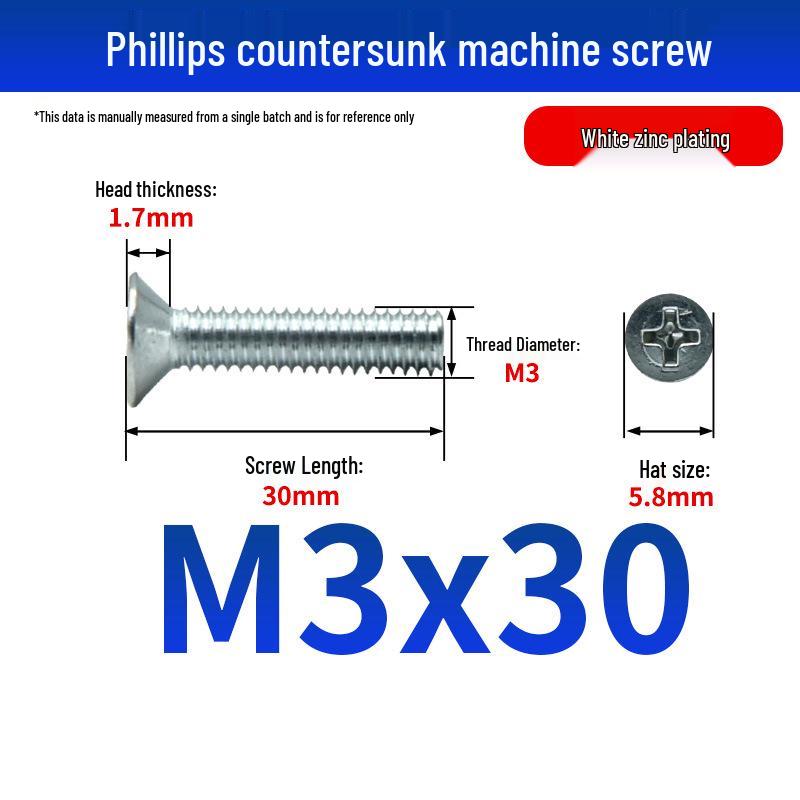 White Zinc Plated Cross Recessed Countersunk Head Screws & Bolts, Machine Thread, M3-M12