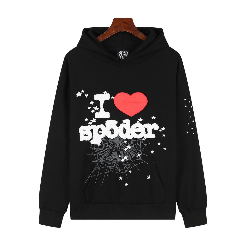 Amerikanischer Stil Sp5der 55555 Spinnennetz Schaumstoffdruck Lockerer Frottee Hoodie für Herren