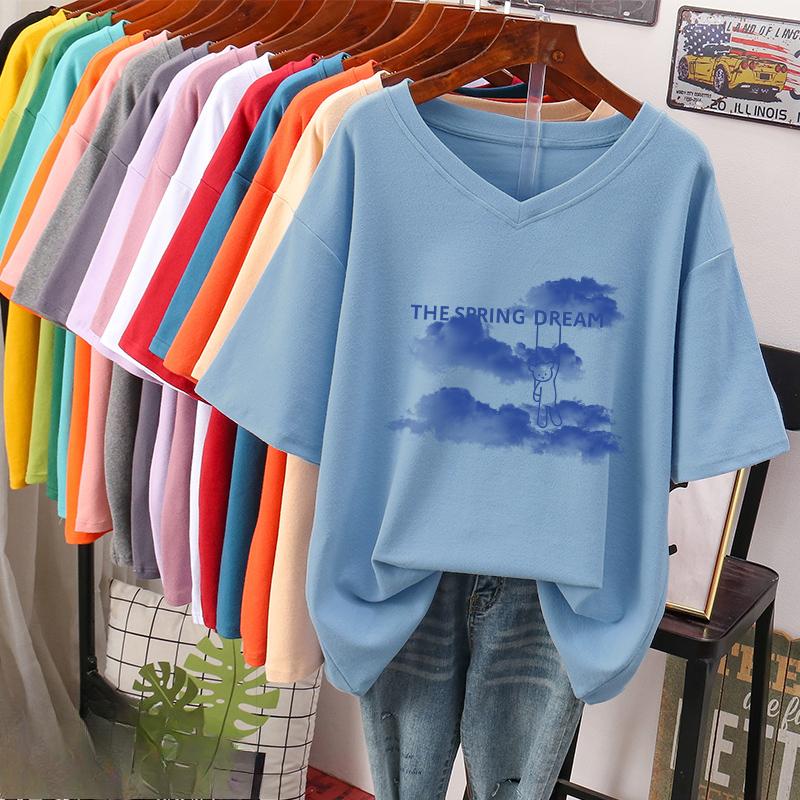 Camiseta de manga curta, Solta, Top V-neck Estampado Emagrecedor para Mulheres