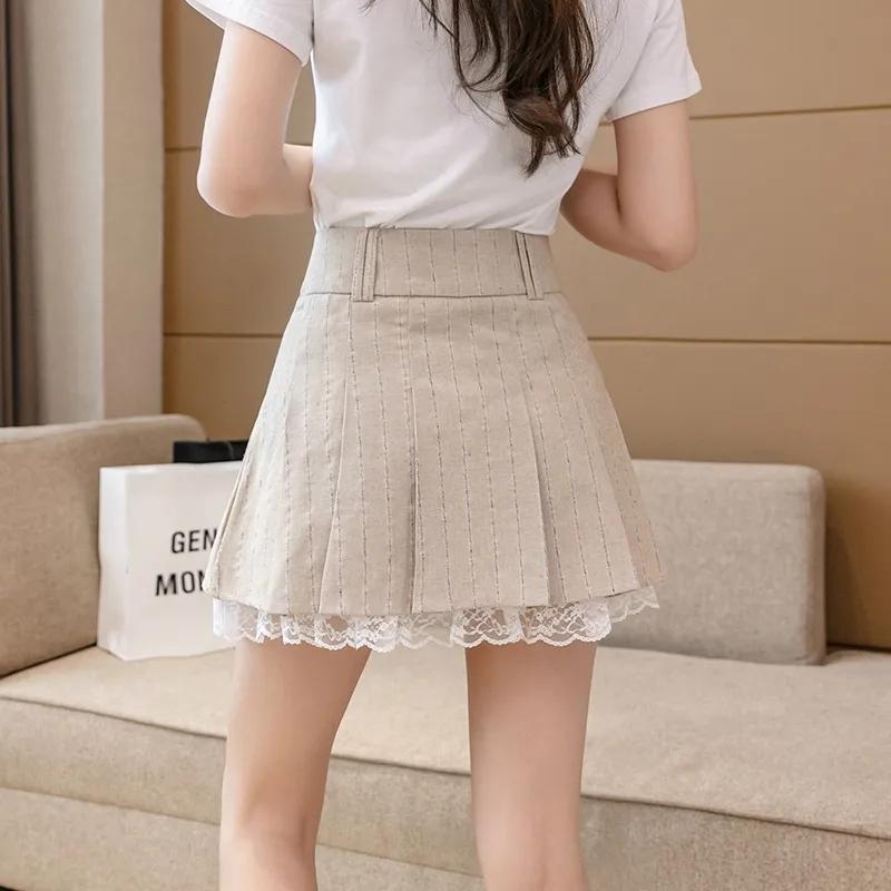 Faltenrock mit Spitzenrand, integrierte Shorts, hohe Taille, A-Wort-Minirock für Damen, süßer Preppy-Stil, koreanische Mode, Frühling/Sommer