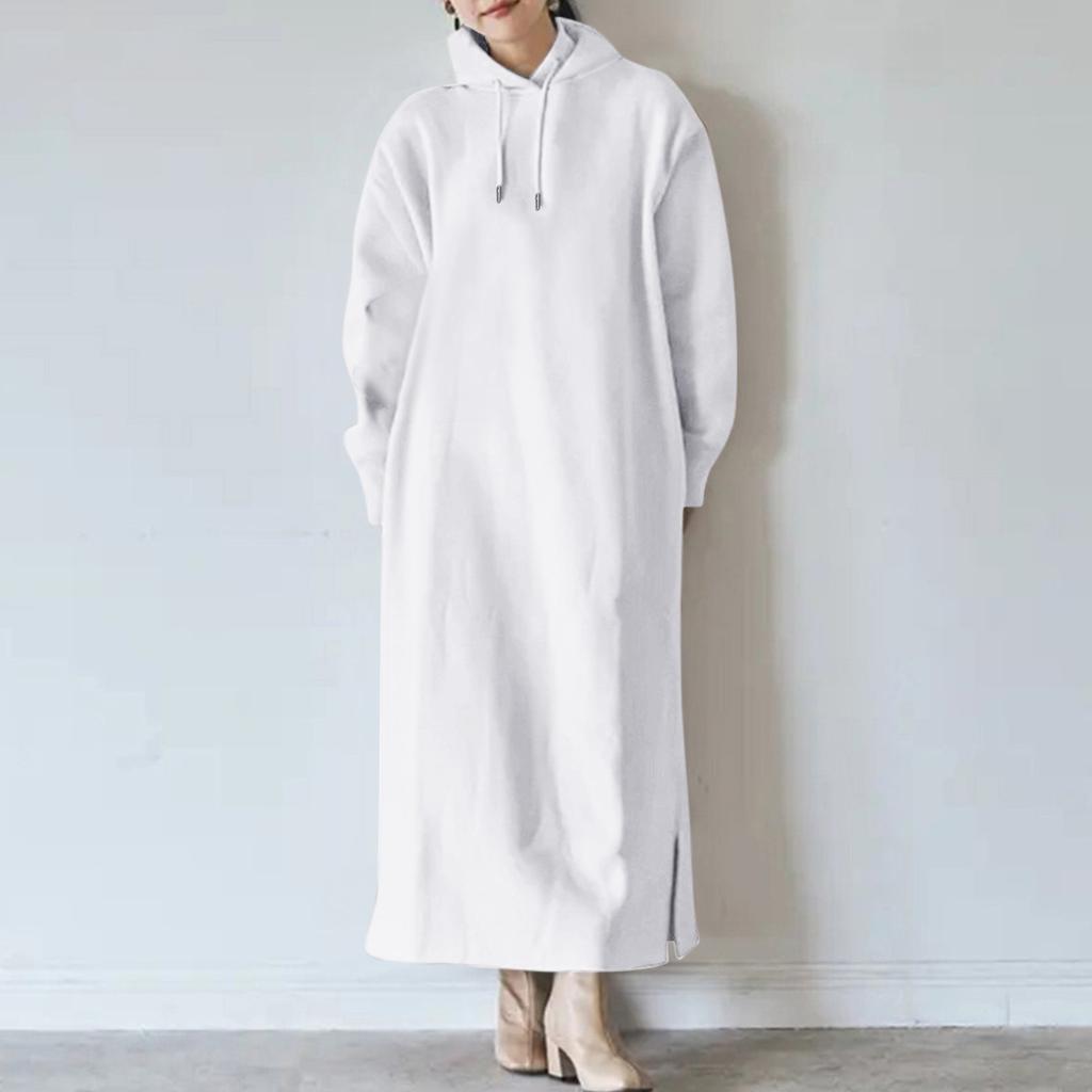 Dámská jednobarevná mikina s dlouhým rukávem a kapucí se spodním okrajem větších velikostí, rovná kapsa, volné dlouhé šaty