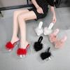 Furry Sexy Thin Stiletto Platform Slide Sandals, Transparent Crystal Heel Women Shoes For Wedding Banquet Formal Dress Occasions WZ-198614-89