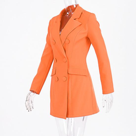 Revers Langarm Pattentaschen Büro Blazer Herbst Zweireihig Mittellang Damen Anzug