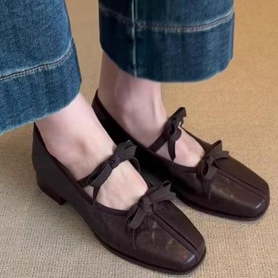 Fashion Bow-knot Low-heeled Single Shoes Autumn New Square Toe Shallow Mouth Soft Sole Non-slip Wear-resistant Low-top Shoes