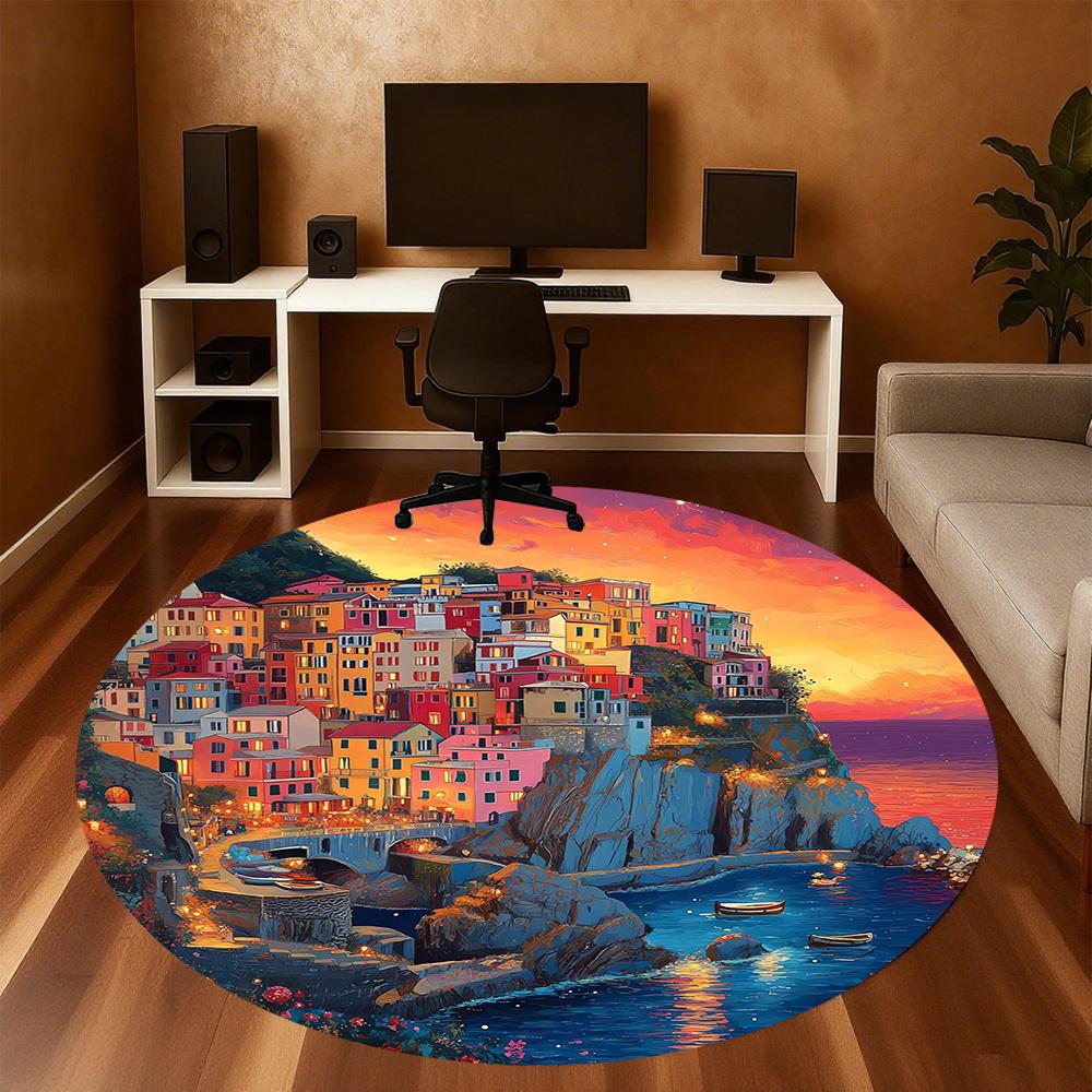 1pc Coastal Town Sunset Pattern Office Round Rugs, Under Chair Round Rugs for Living Room, Bedroom, Bathroom Decoration Carpet 091823