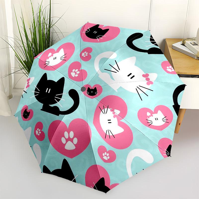 1pc Cats and Hearts Pattern Umbrella with Plastic Handle,Compact & Stylish,Cartoon Pattern,Outdoor UmbrellaPT320