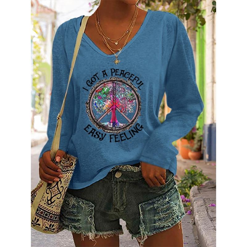 Women's Hippie Letter Print T-Shirts Retro Casual Loose Long Sleeve V Neck Tops