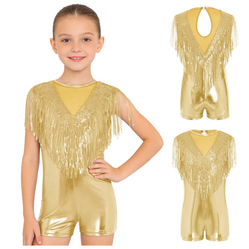 Combinaison de danse à paillettes scintillantes, franges métalliques, sans manches, dos avec trou de serrure, empiècements en résille pour spectacle de récital