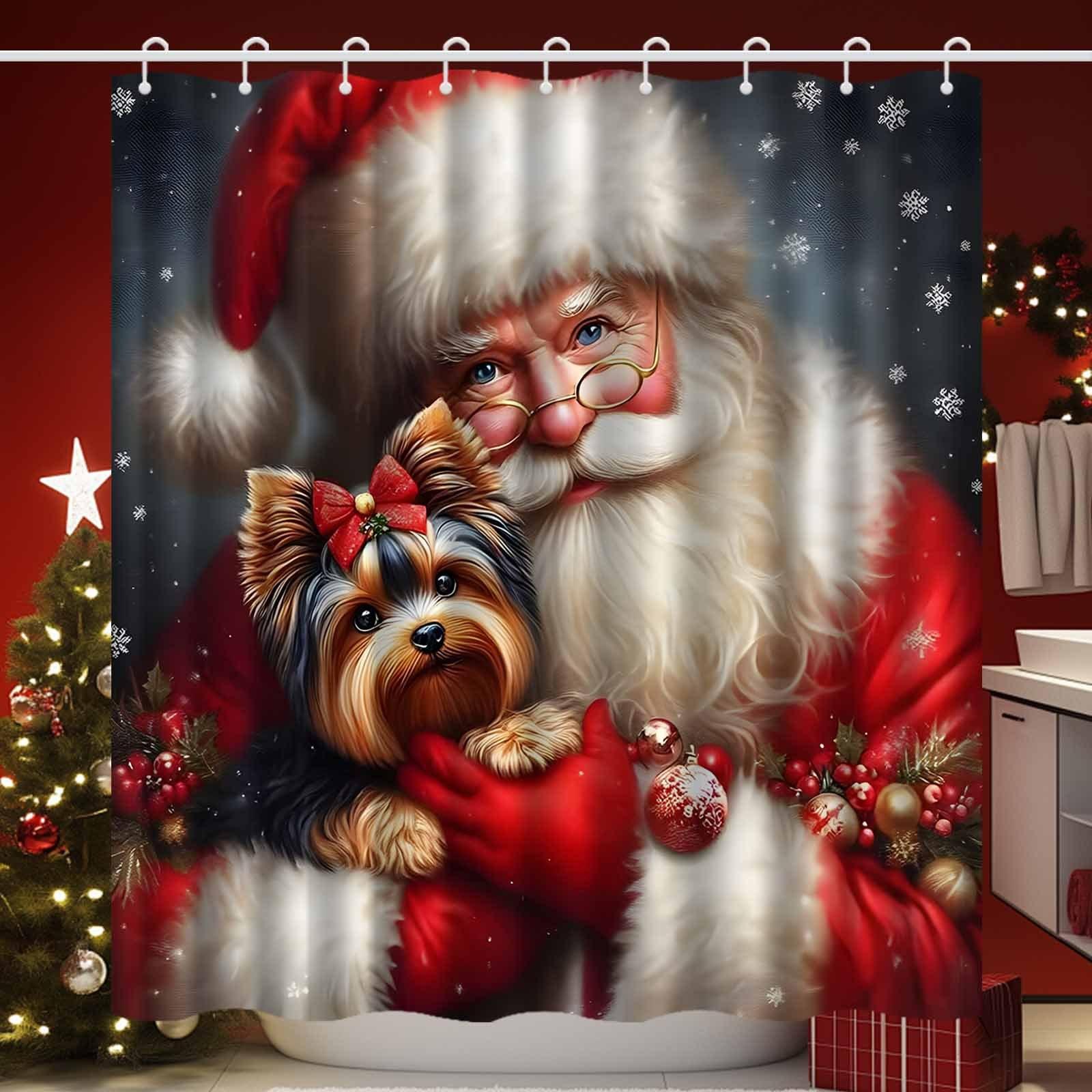 

Santa Claus Holding Yorkshire Terrier Shower Curtain - Festive Christmas Bathroom Decor With Snowflakes & Holly W60H190(CM)-1 Pcs