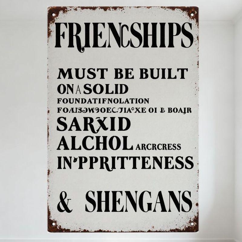 

Vintage Distorted Text Metal Sign - FRIENDSHIPS MUST BE BUILT Humorous Rusty Edge Wall Decor for Bar Pub Home Cafe 20x30cm（7.8x11.8inch）