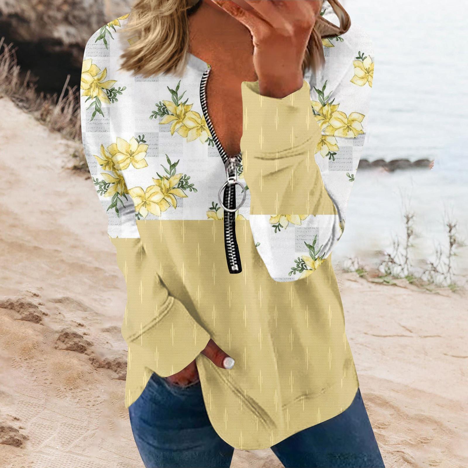 

Женская толстовка, пуловер, базовая четверть, молния с длинным рукавом и принтом цветов, толстовка с капюшоном, повседневный топ XL жёлтый