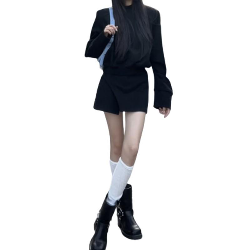 Schickes Spicy Girl Rollkragen-Fleece-Sweatshirt & High-Waist-Midirock-Set für Herbst/Winter