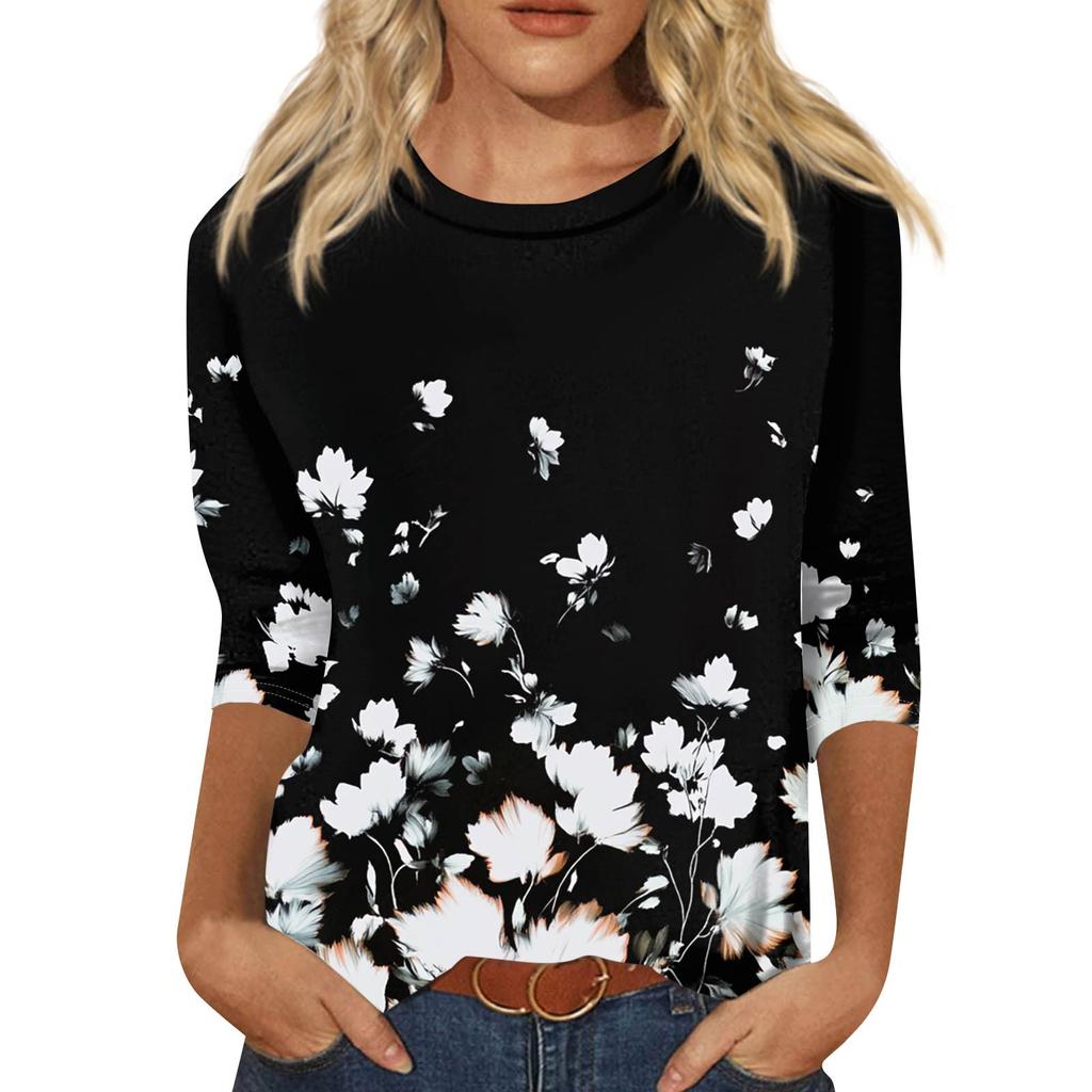Women's Fashion Casual Seven Sleeve Printed Round Neck T-Shirt Top