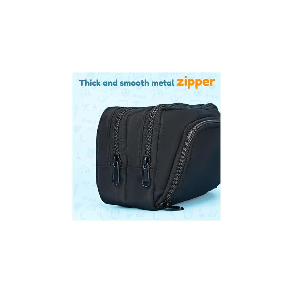 Euqvunn Black Pencil Case, Large Capacity Pen Case with 3 Compartments, Stationery Pouch for School & Office Supplies, Unisex