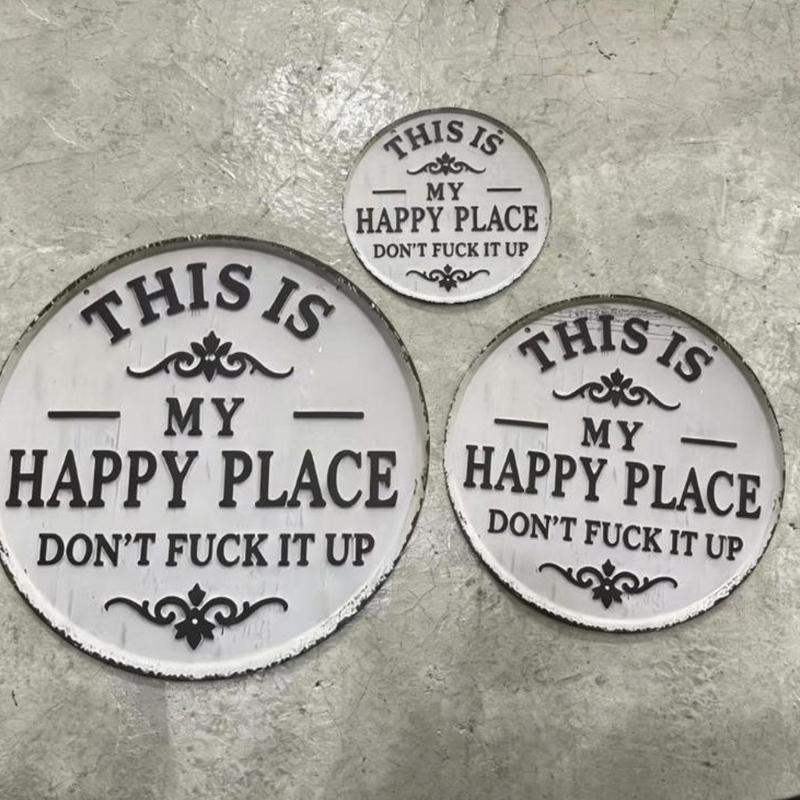 2D Flat Rustic Metal Garden Sign Happy Place Wall Art Decorative Outdoor Yard Plaque for House Porch