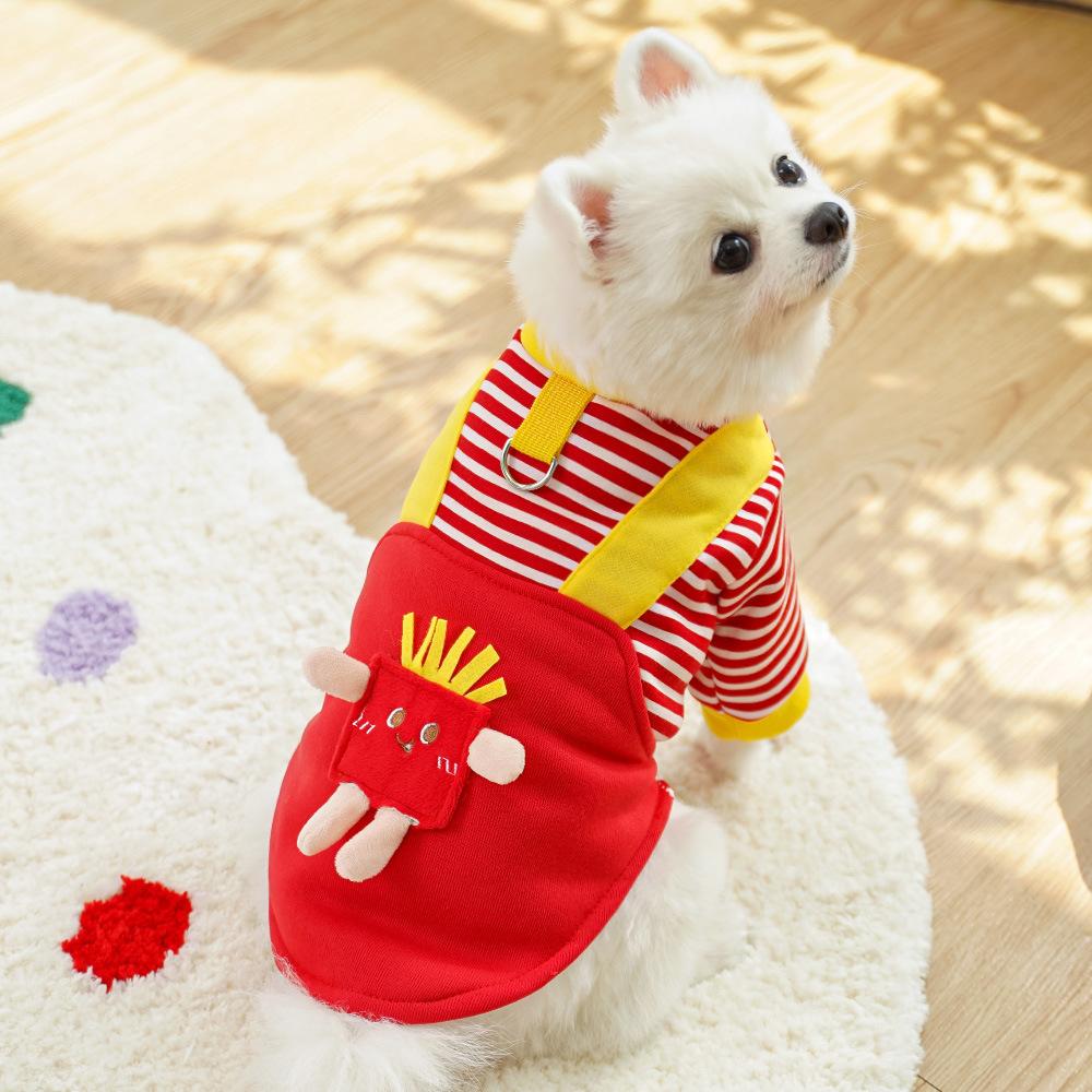 1 Stück Rotes gestreiftes Fleece-Kapuzensweatshirt mit Pommes-Muster für Hunde und Katzen, Herbst/Winter