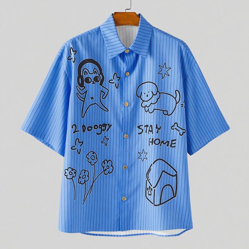 

INCERUN Oversized Men Lapel Neck Half Sleeve Striped Cartoon Casual Shirts 5XL синий