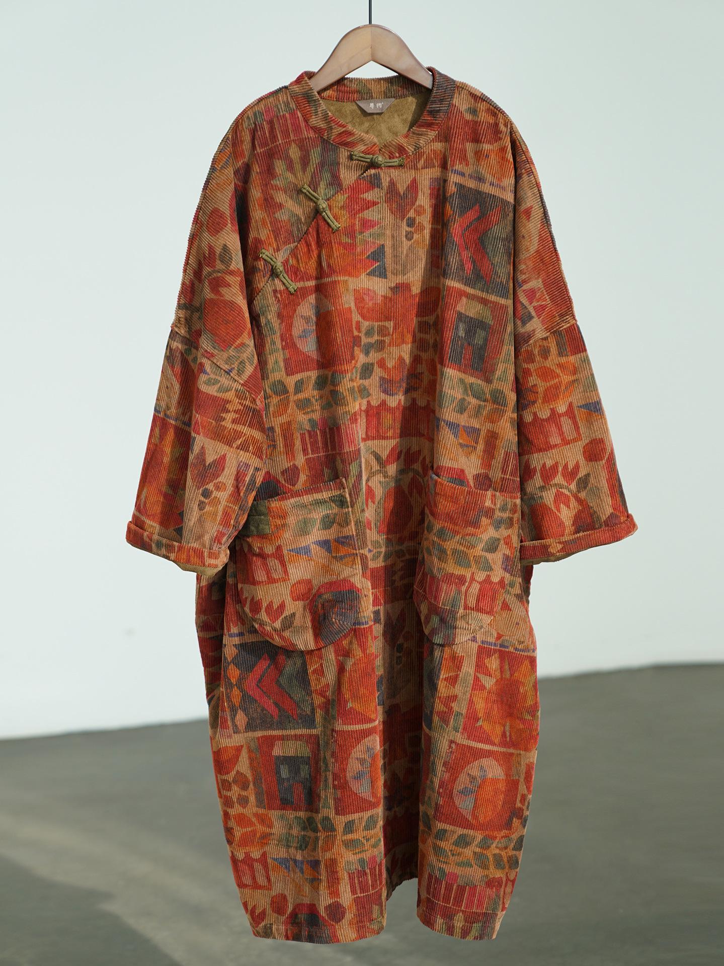 

Johnature Women Vintage Print Floral Dress Stand Long Sleeve Corduroy Spring Chinese Style Button Pockets Dress One Size
