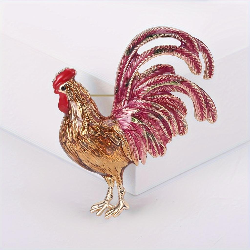 Colorful Enamel Rooster Brooch Pin - Vibrant Pink & Golden-Tone, Zinc Alloy, Hip-Hop/Party Style, Fashion Accessory for Everyday & Party Wear