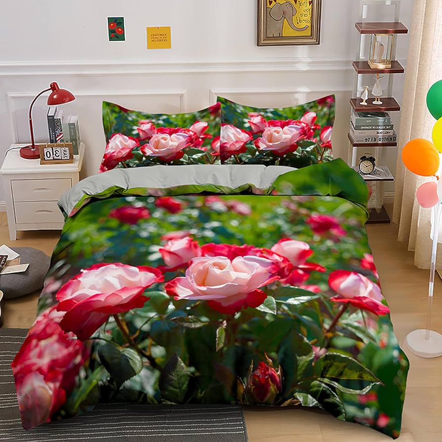 

Rose Duvet Cover QueenRomantic Red Floral Bedding SetBotanical Flower Comforter Cover Farmhouse Valentine Blossom Quilt Cover EU Single(135x200cm)