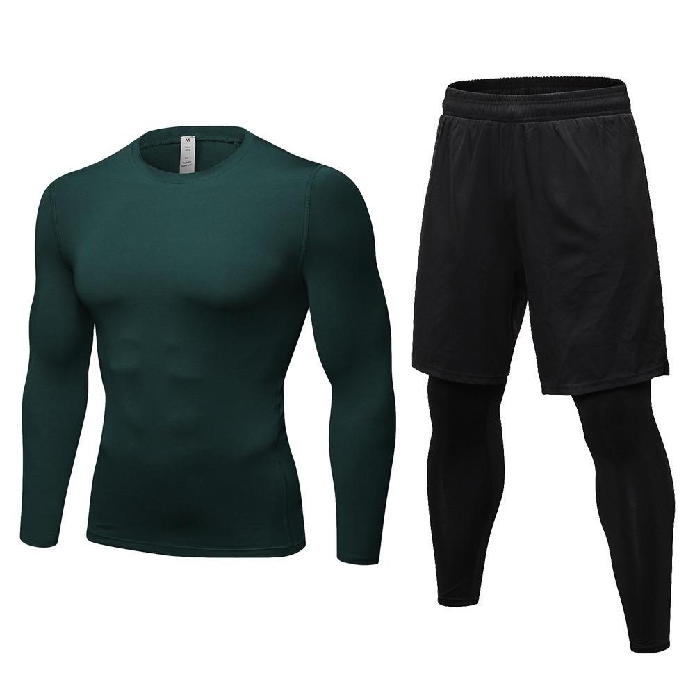 

Men s Quick-Dry Sweat-Wicking Fitness Set: Long-Sleeve Top with Fake Two-Piece Design & Long Pants (1019+7010) XL чорний/темно-зелений колір