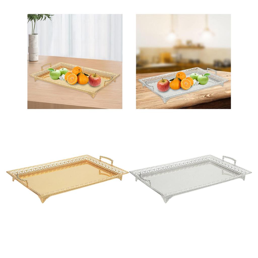 Metal Iron Food Serving Tray with Handles for Home Party Elegant Retro Style Aureate