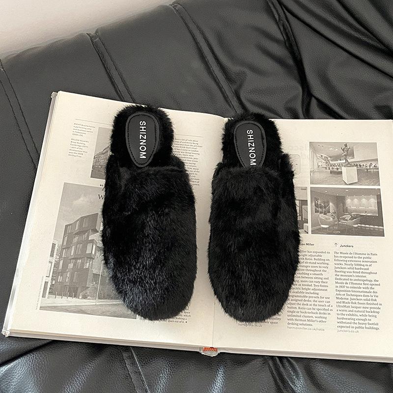 Semsket skinn med skjørt, flate fluffy sko for kvinner, fransk mild vind om høsten og vinteren, enkel pendling, allsidig veskehode fluffy tøffel