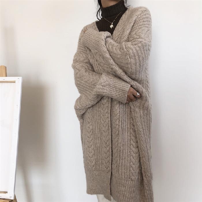 Korean Women's Retro Knitted Long Cardigan - Thick, Loose Fit for Autumn/Winter