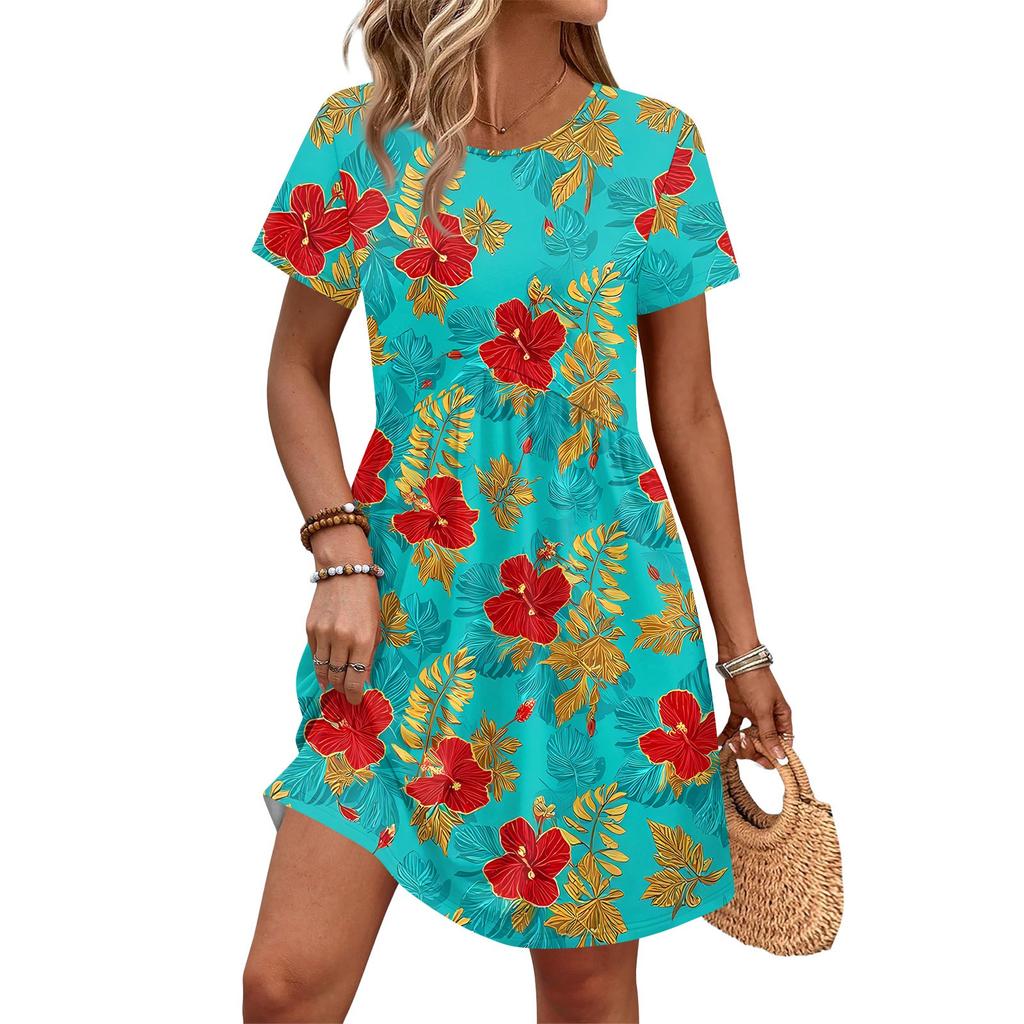 Dresses For Women Short Sleeve Print Round Neck Casual Dresses Waist Dress With Pockets